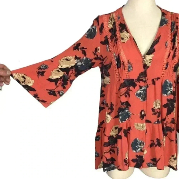 Miss Me Top Womens S Orange Floral Rayon Tiered Ruffle 3/4 Sleeves Lace Boho - Picture 2 of 5